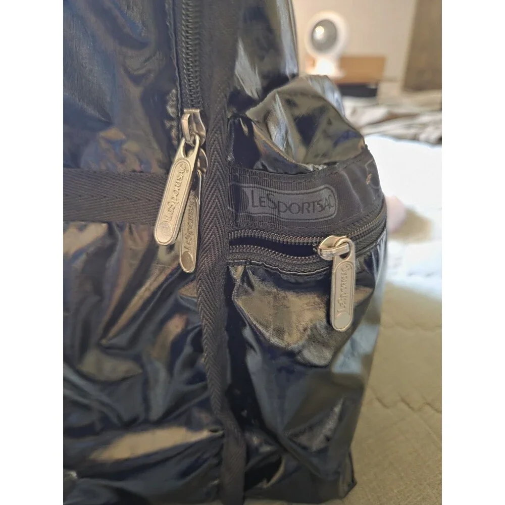 LeSportsac Black Patent Nylon Essential Backpack Large Travel School Laptop Bag